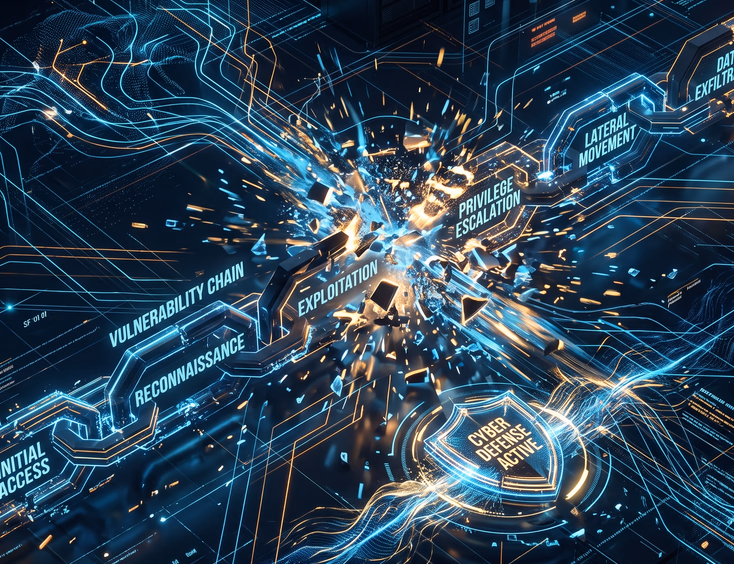 A sleek cybersecurity digital vulnerability chain breaks apart alongside glowing network data streams to represent threat mitigation.