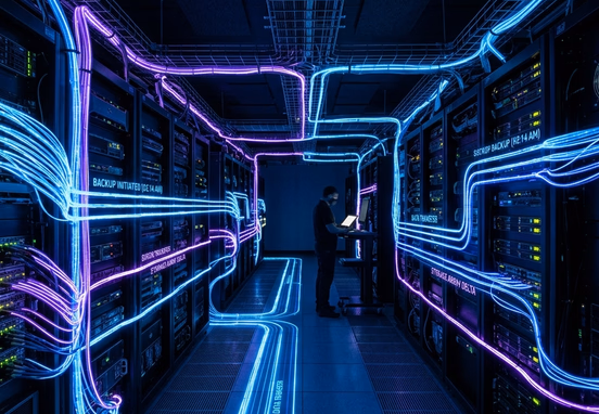 Dark server room with glowing blue and purple neon data pathways representing automated nightly backup systems