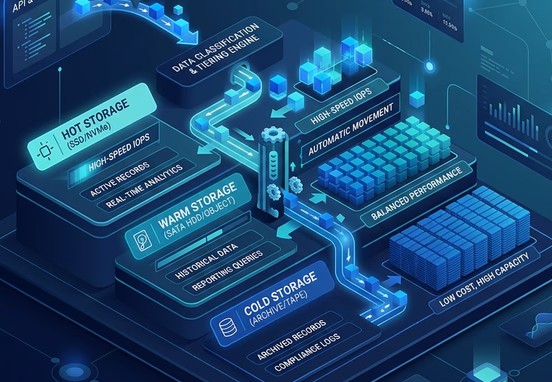 Clean and organized database visualization showing data automatically separating into distinct hot warm and cold storage layers in modern 3d isometric style