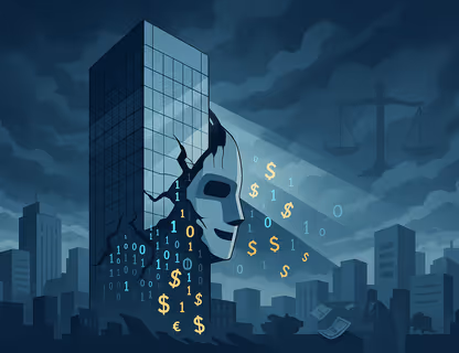 A dramatic digital illustration of a cracked tech skyscraper spilling binary code and dollar signs under stormy skies, symbolizing an AI company scandal and financial trouble.