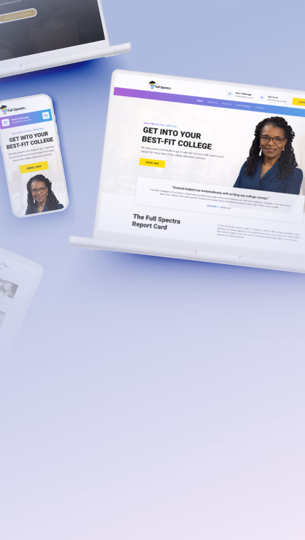 Responsive web design portfolio mockup showcasing custom website designs across a laptop, smartphone, and tablet screen.