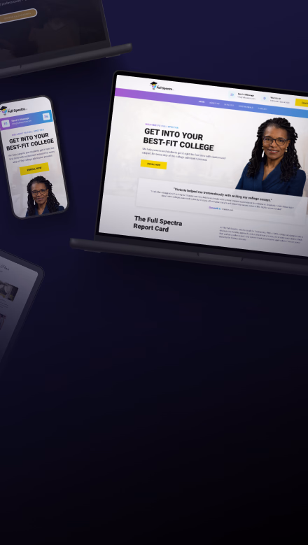 Responsive web design portfolio mockup showcasing custom website designs across a laptop, smartphone, and tablet screen.