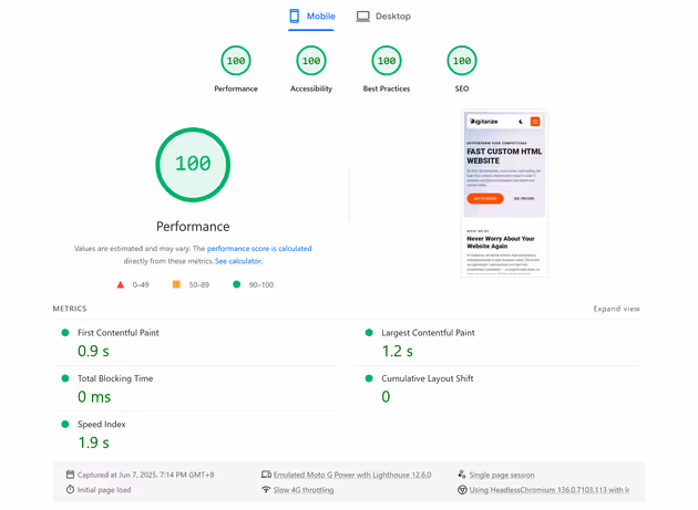 a screenshot showing perfect Google pagespeed scores