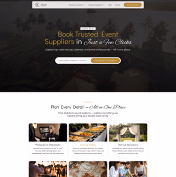 Web design portfolio showcase featuring Event Nest, a custom-developed directory website for booking event suppliers and caterers.