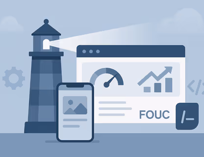 Modern illustration of a lighthouse shining a beam of light onto a web browser window displaying performance gauges and analytics charts, with abstract icons for code and user experience in the background.