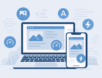 Illustration of a laptop and smartphone displaying a fast-loading website, surrounded by icons for images, fonts, and speed, on a tech-inspired background.